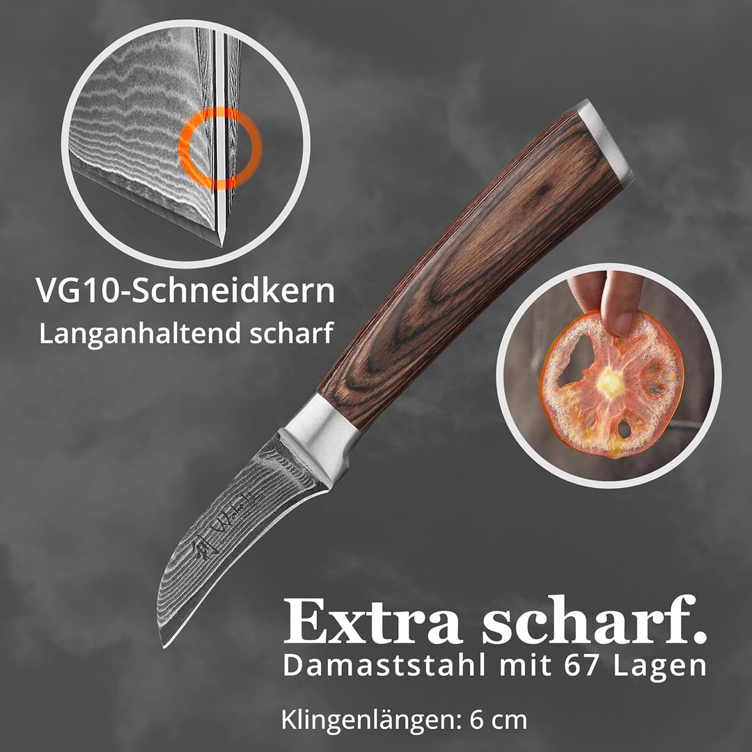 Wakoli Edib Damast Schälmesser I Scharfe 6 cm Klinge aus 67 Lagen Damaststahl mit VG10 Kern und Grif