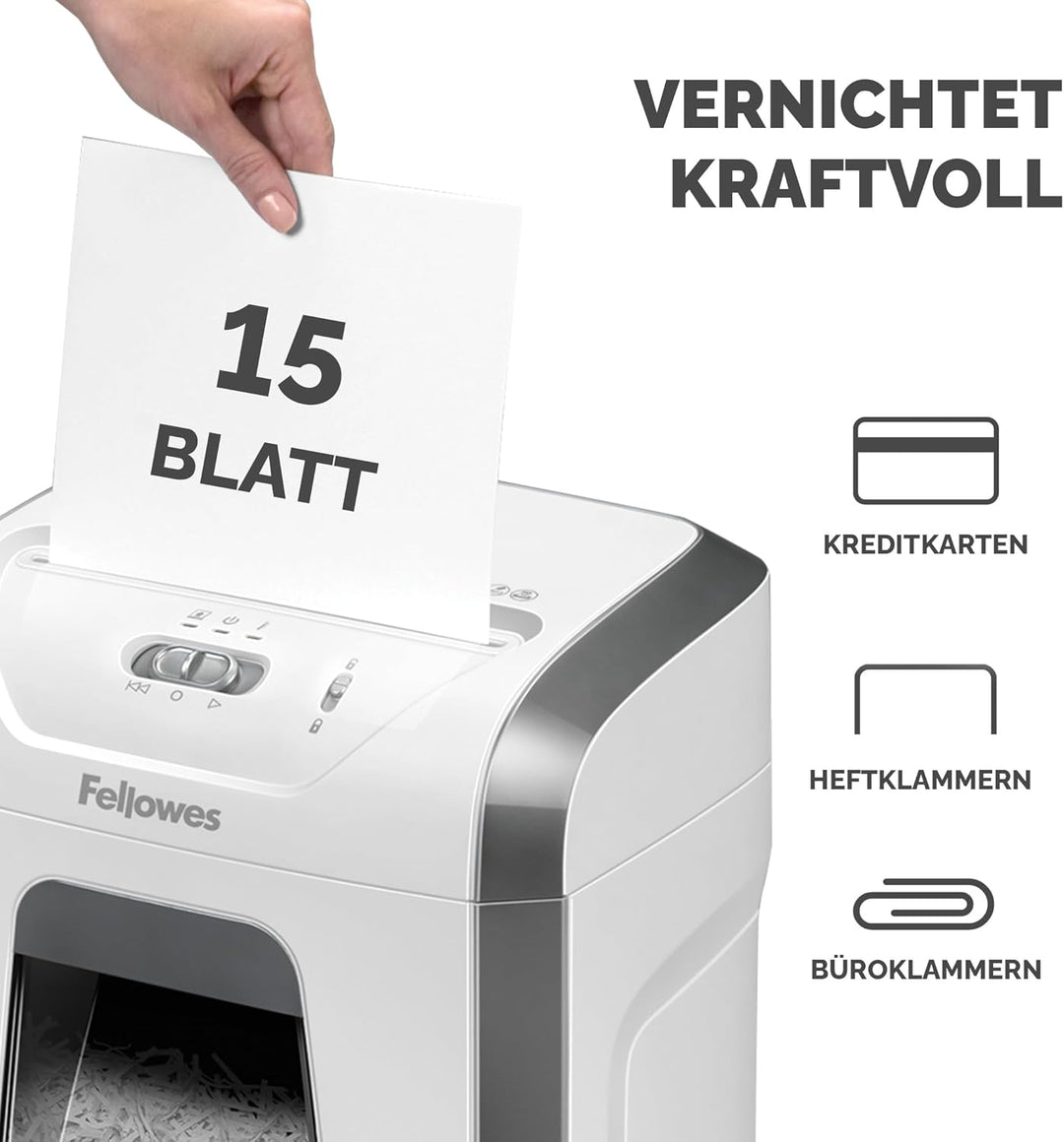 Fellowes Aktenvernichter für das Büro zu Hause - 15 Blatt Querschnitt Aktenvernichter für den Schrei