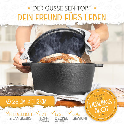 KRUSTENZAUBER Gusseisen Topf Brot Backen [inkl. Gärkorb] - Robuster 26cm gusseiserner Brottopf zum b