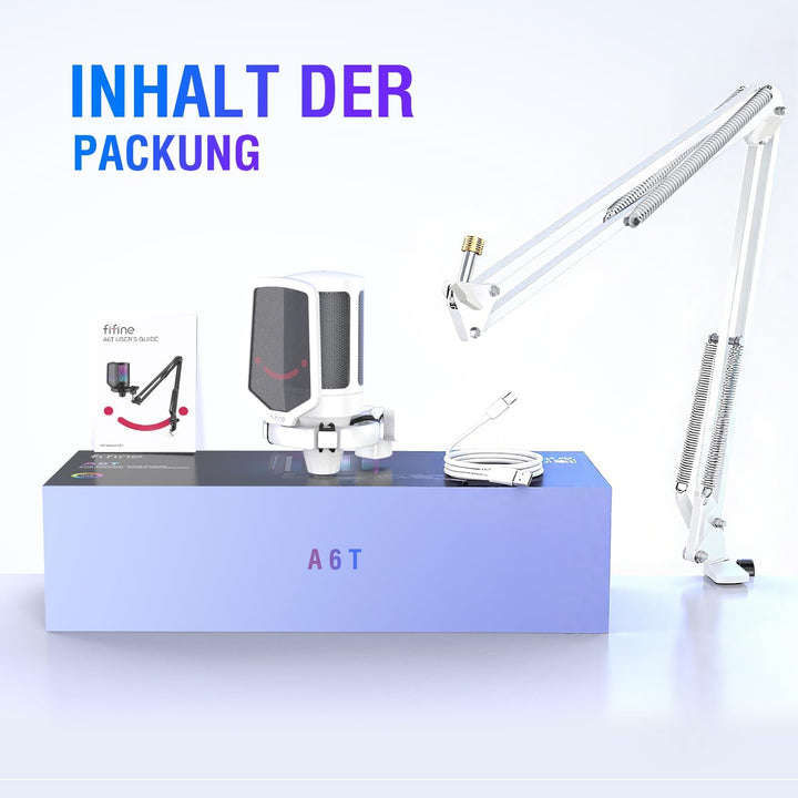 Fifine USB Mikrofon PC Gaming mit Arm, Microphone weiss für MAC PS4 PS5 mit Stummschalttaste, Popfil