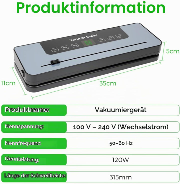 Vakuumiergerät, 6 in1 Vakuumierer mit 50 Vakuumbeuteln, Versiegelungsgerät für Frische, Trockene Leb
