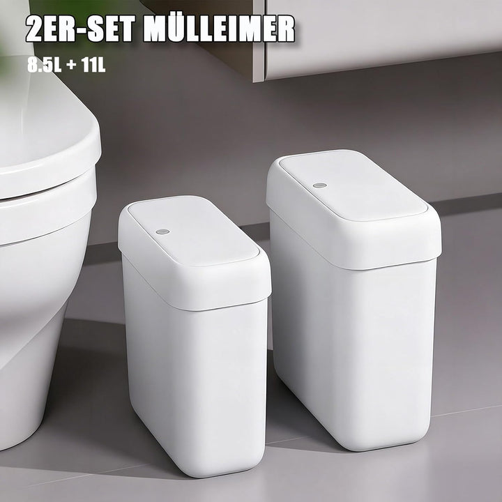 funest 2er Set Badmülleimer mit Deckel, Schmaler Mülleimer für Badezimmer, Kunststoff Abfalleimer mi