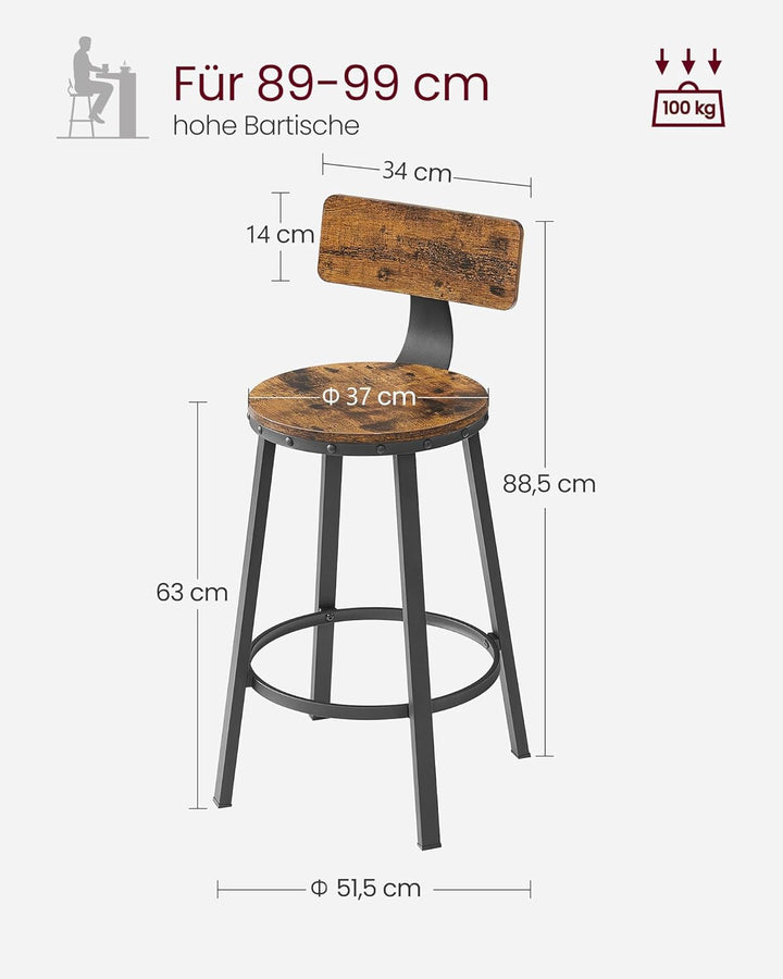 VASAGLE Barhocker, 2er Set, Barstühle, Küchenstühle mit Metallgestell, Sitzhöhe 62,5 cm, einfache Mo