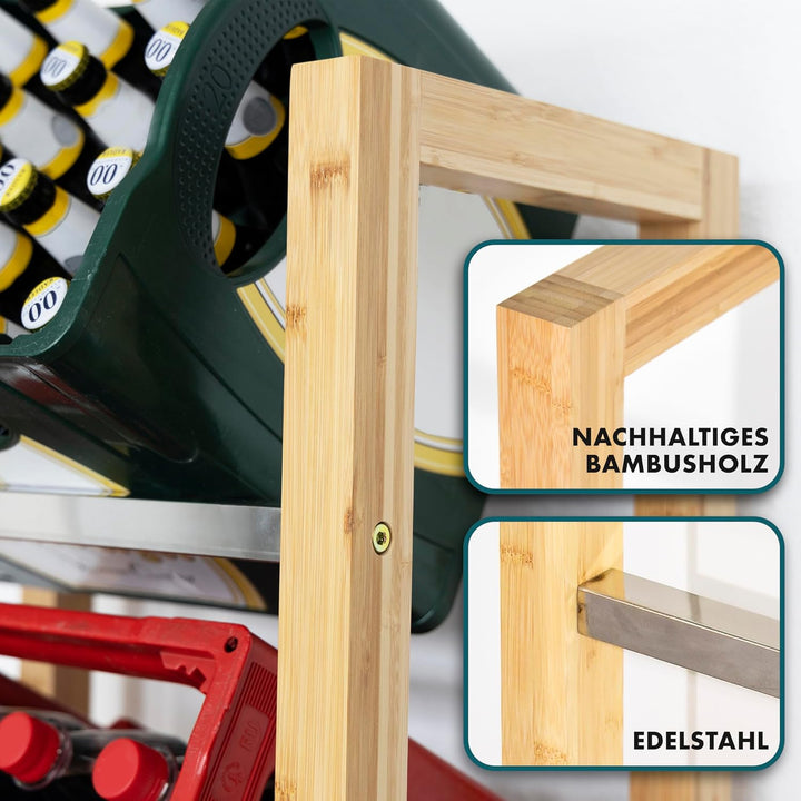 Floordirekt Getränkekistenregal für 3-6 Kisten aus Bambus &amp; Stahl, stabiles und robustes Weinregal,