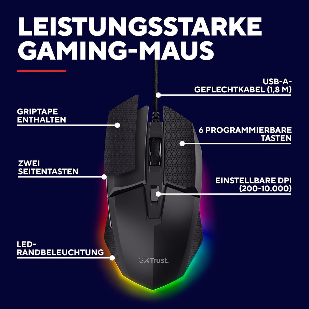 GXTrust 121 Felox+ Programmierbare Gaming Maus mit Grip Pads, 10000 DPI, USB Kabel 180 cm, Mehrfarbi