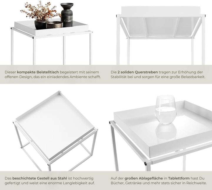 tectake® Beistelltisch aus Metall, quadratisch, stapelbar, Ablagefläche mit hohem Rand, Tabletttisch