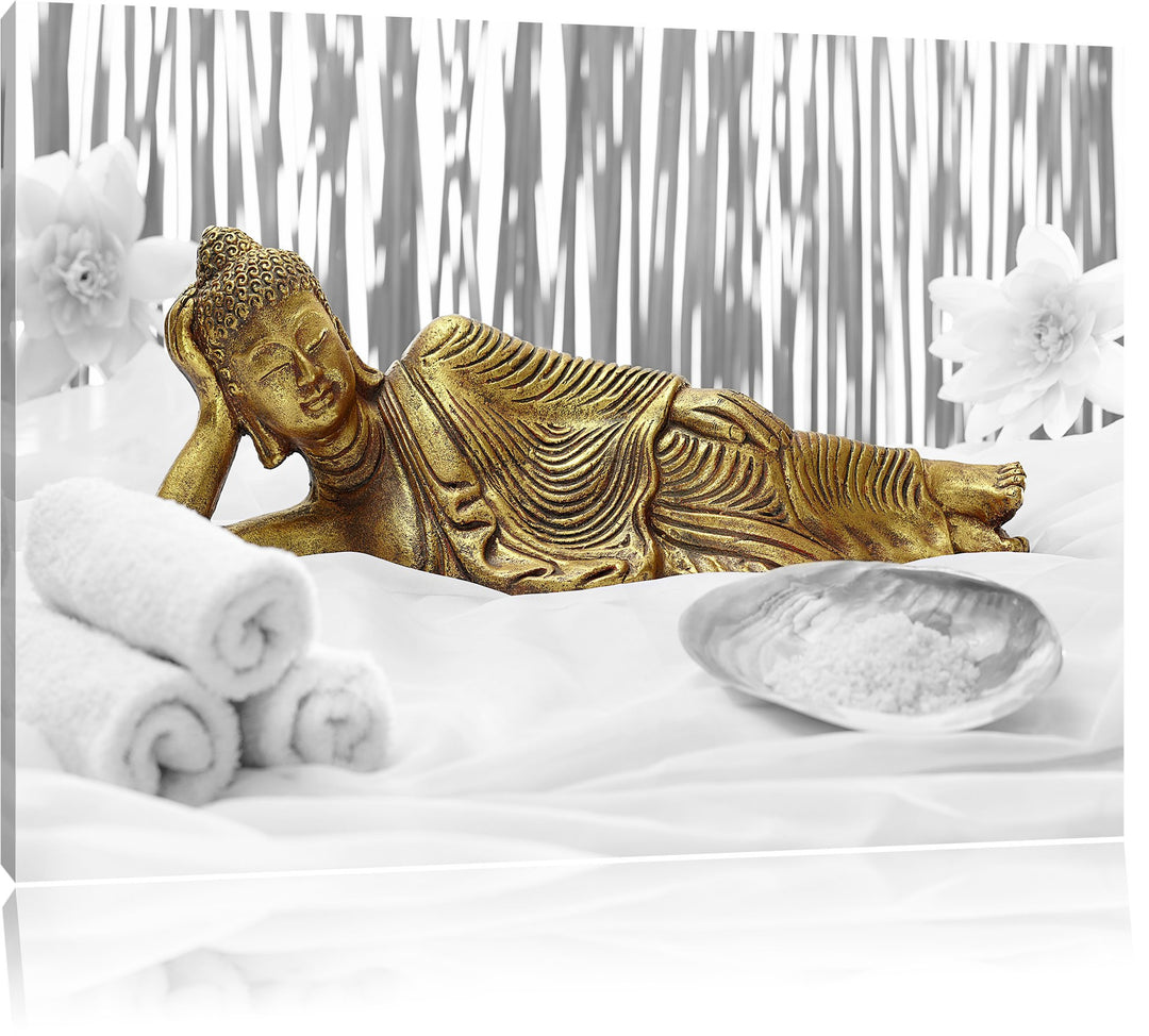 Pixxprint Goldener Buddha auf Handtuch / 100x70cm Leinwandbild bespannt auf Holzrahmen/Wandbild Kuns