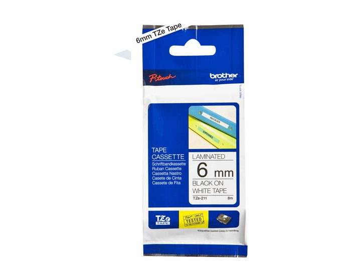 BROTHER TZe-211 Schriftbandkassette, schwarz auf weiss, 6 mm (B) x 8 m (L), laminiert, Original Supp
