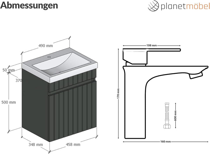 Planetmöbel Cosmia Badmöbel Set Waschbecken mit Unterschrank 50 x 60 x 35 cm Anthrazit, Armatur Bade