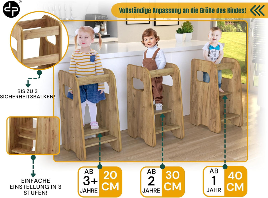 Lernturm ab 1 Jahr - 3 Stufen Höhenverstellbar, Sicher & Stabil - Learning Tower mit Kippschutz - Le