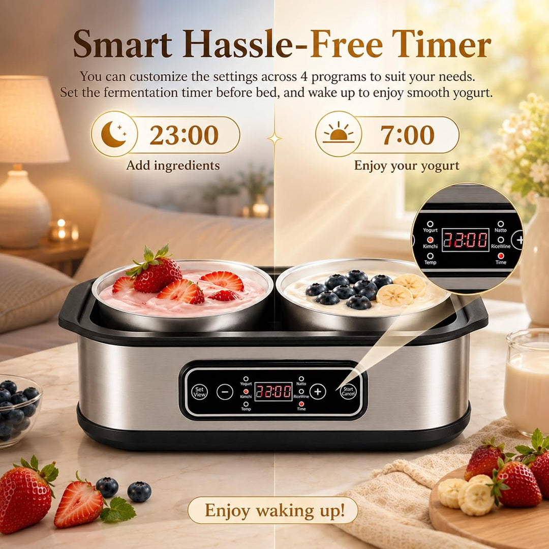Joghurtbereiter, Griechischer Joghurtbereiter 2L mit 2 Edelstahlbechern,One-Touch-Display Joghurtber