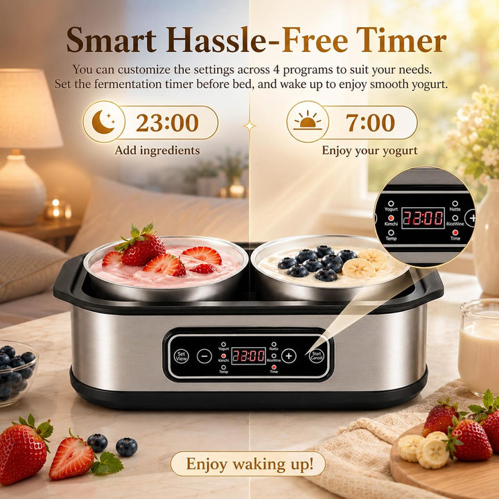 Joghurtbereiter, Griechischer Joghurtbereiter 2L mit 2 Edelstahlbechern,One-Touch-Display Joghurtber