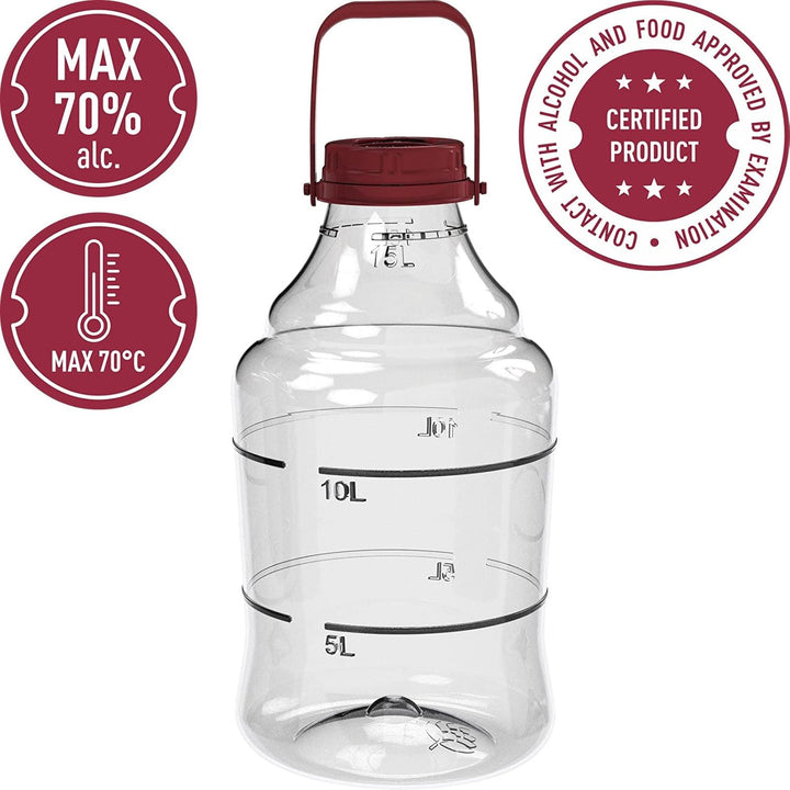 Browin 644315 Weinballon aus Plastik 15 L mit Schraubverschluss, Korken, Gärröhrchen und Tragegurten