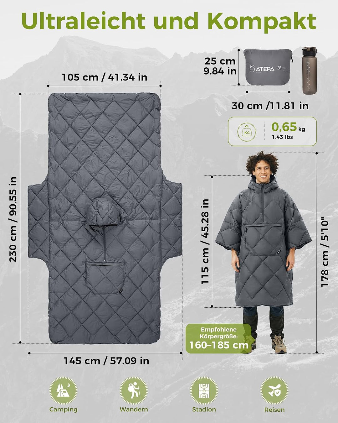 ATEPA Camping Poncho Decke & Tragbarer Schlafsack – Ultraleichte Warme Outdoor Decke Aus Recycelten