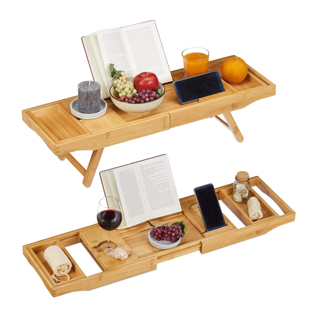 Relaxdays Bambus Badewannenablage & Tablett 2in1, Buchstütze, Weinhalter, Wannenablage, 74,5-114 cm
