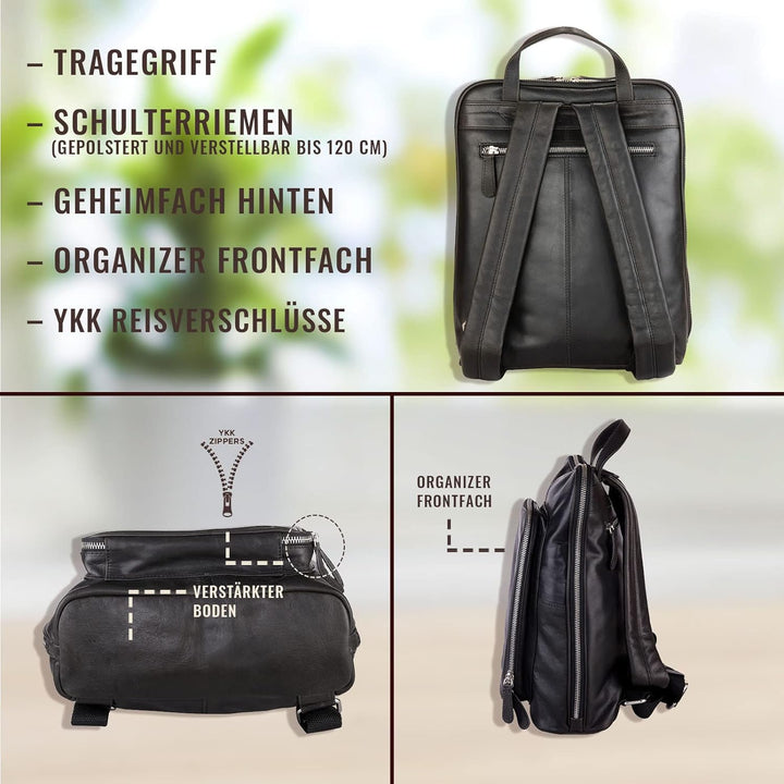 Corno d´Oro Premium Lederrucksack Damen mit vielen Fächern I Handgefertigt Rucksack Leder Laptopruck