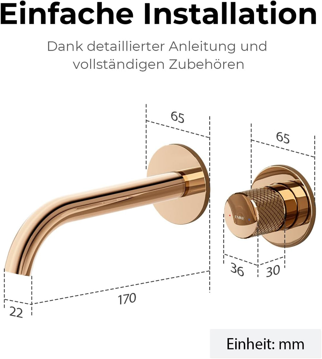 EMKE Waschtischarmatur Unterputz für Wandmontage, Wasserhahn Bad Unterputz, Mischbatterie Waschbecke
