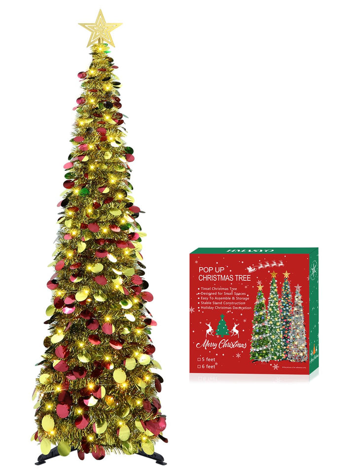 HMASYO 150 cm Pop-Up Lametta Weihnachtsbaum mit 50 Timer-Lichtern, Buntes Gold Zusammenklappbarer Kü