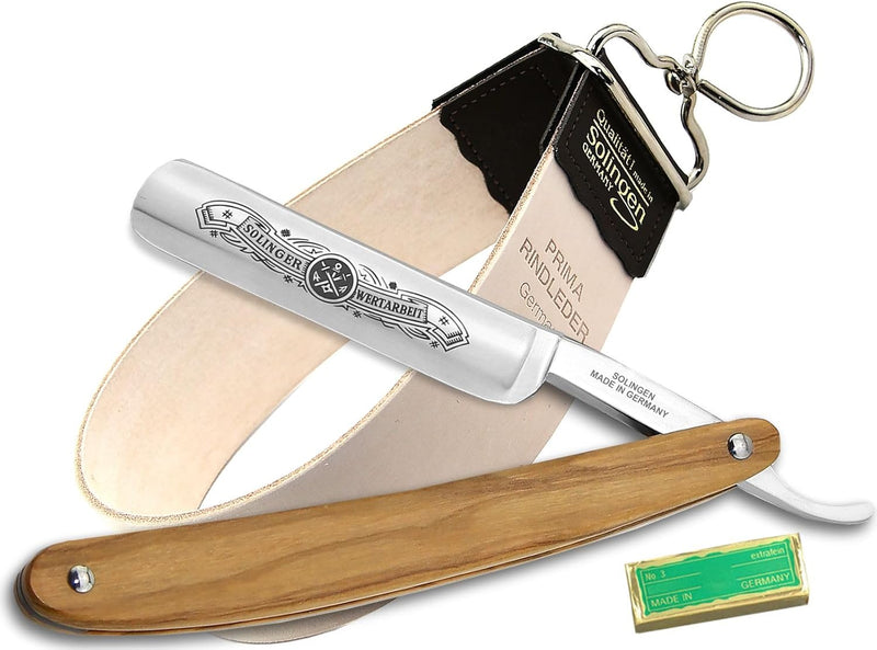 Profi Rasiermesser-Set Made in Germany Streichriemen Schärf Paste und Olivenholz Bartmesser aus Soli