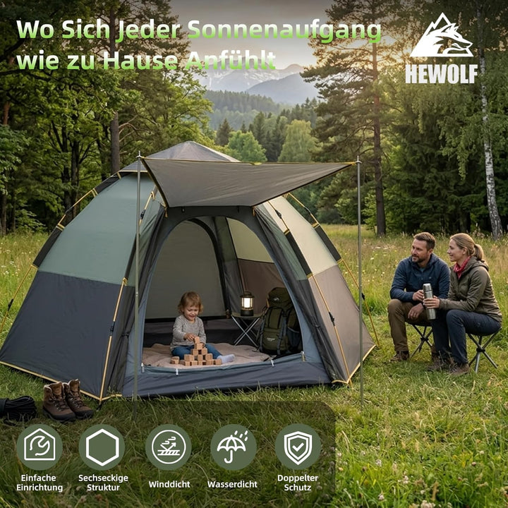 Hewolf Camping Zelt - Zelt 2/3/4 Personen Wasserdicht mit Vorzelt Familienzelt Einfache Einrichtung