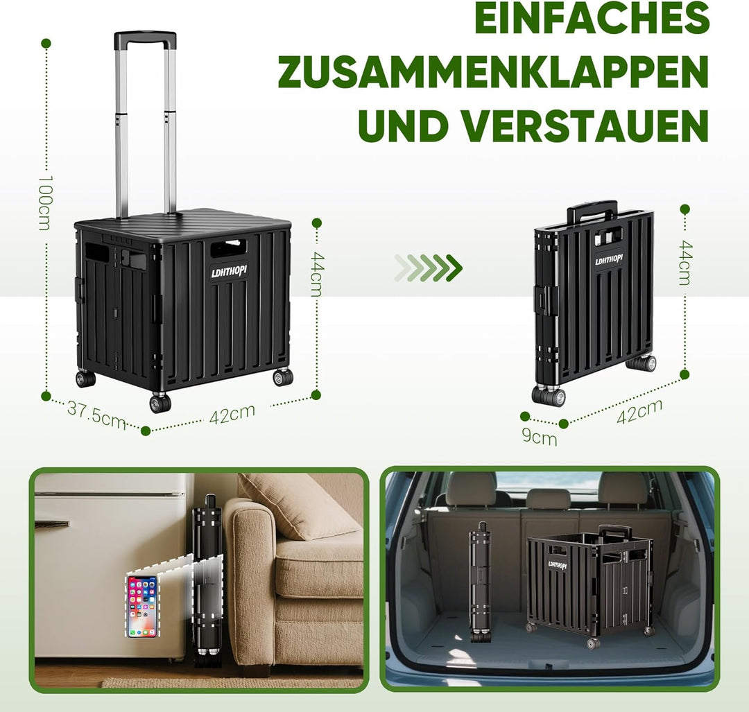 LDHTHOPI Einkaufstrolley klappbar 65L,MAX 50KG Trolley mit Teleskopgriff,4 Zerlegbaren Drehbaren Räd