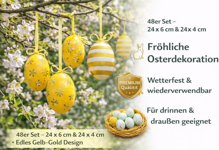 KAMACA 48er Set Ostereier Gelb-Gold – Edles Design mit Streifen & Blumen – Mix aus 24x 6 cm & 24x 4