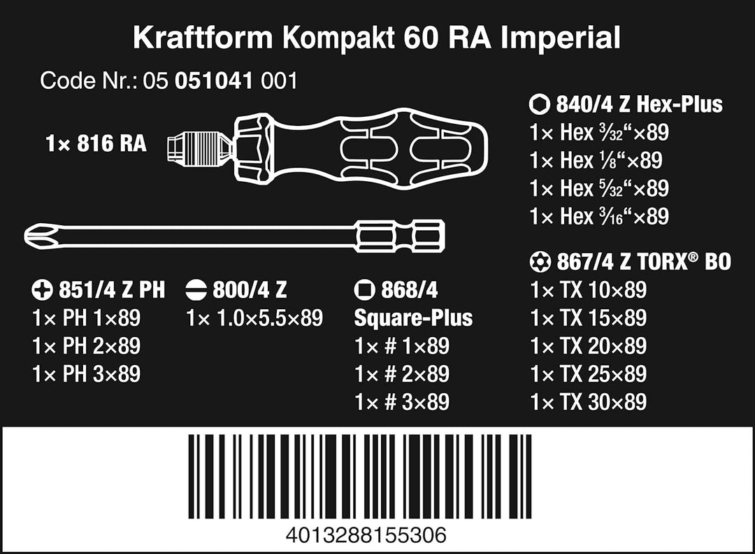 Wera 05051041001 Kraftform Kompakt 60 RA, Handhalter mit Bit-Sortiment, Imperial, 17-teilig, Stück,