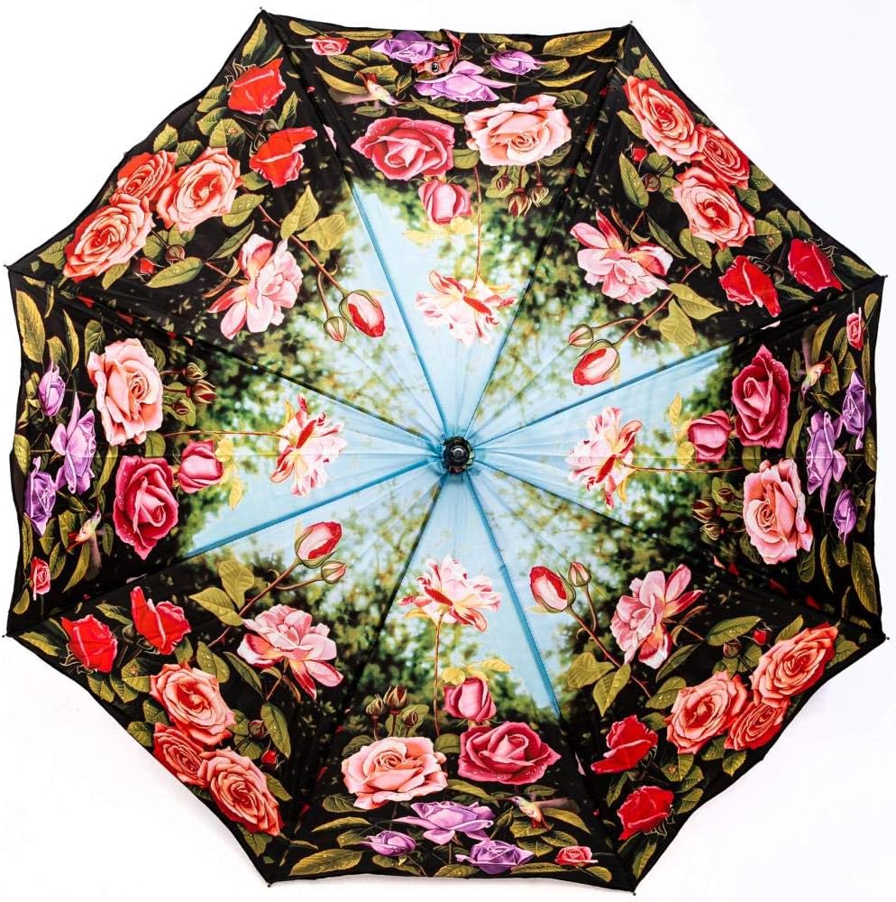 LUCKYWEATHER Regenschirm Stockschirm Damen Motiv Rosengarten I Stockregenschirm gross und stabil sow
