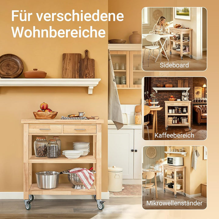 SoBuy FKW24-N Servierwagen aus Gummi-Holz,Küchenwagen,Küchenregal, Rollwagen,B80xT40xH90cm, B80xT40x