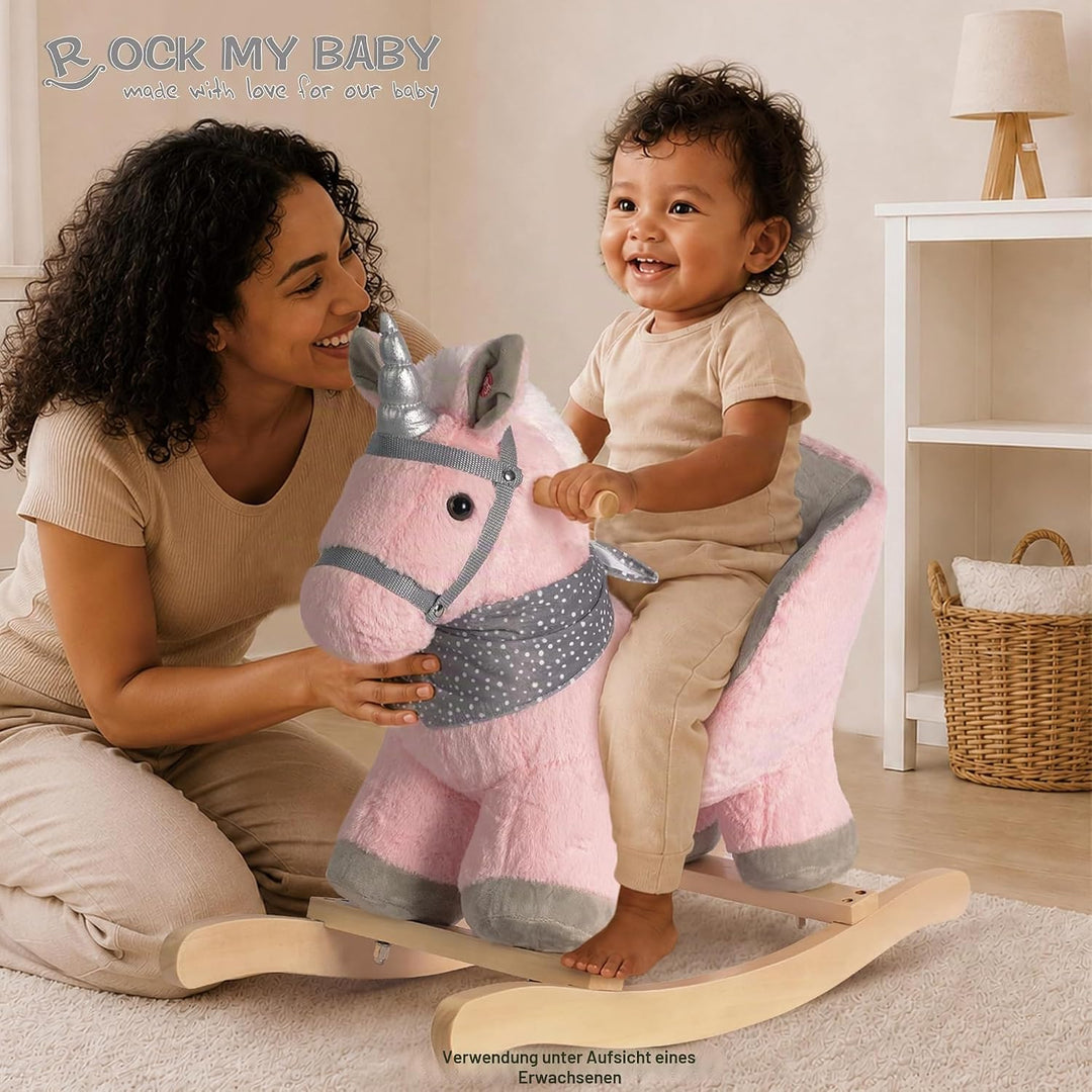 Plüsch Rocking Horse - weicher gefüllter Körper, Sicherheitssitz Stuhl, Holz Rockers, Musikknopf - K