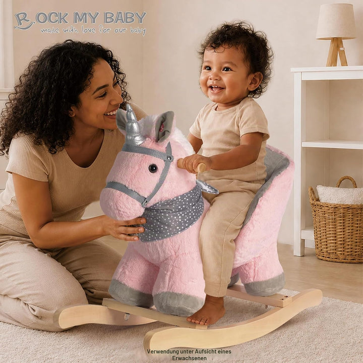 Plüsch Rocking Horse - weicher gefüllter Körper, Sicherheitssitz Stuhl, Holz Rockers, Musikknopf - K