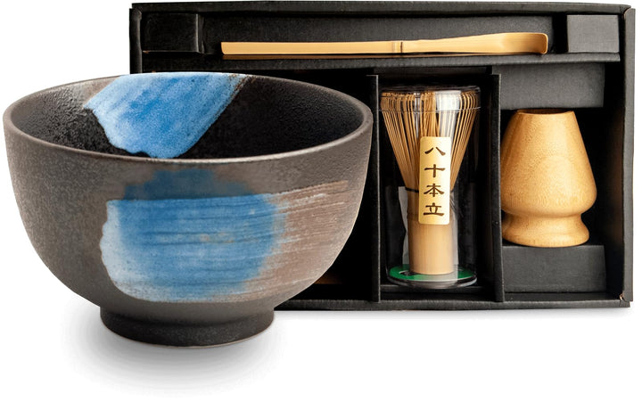 Matcha Set 4 tlg. Original japanische Schale mit Besen & Löffel Edo Japan Geschenkverpackung mit Mat