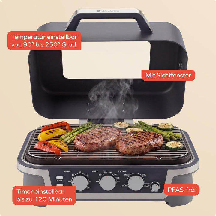 KitchenBrothers 4-in-1 Elektrogrill - BBQ &amp; Smoker - Tischgrill - 2600W | Einstellbar von 90–250 °C,