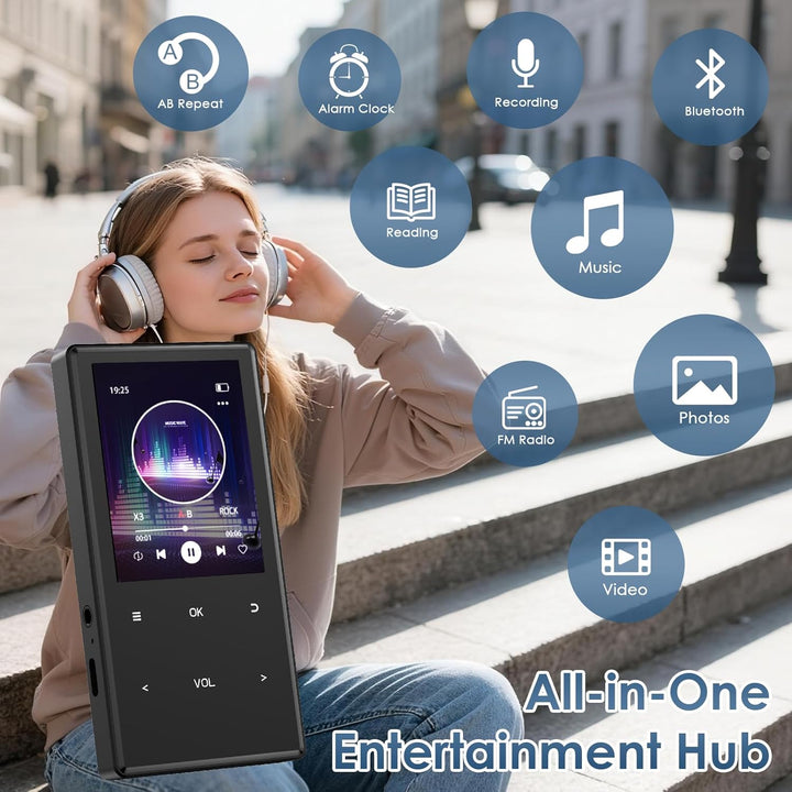 MP3-Player Bluetooth 5.0, 2,4 Zoll tragbarer MP3-Player 64 GB – HiFi-Audio-Player mit FM-Radio, Reco