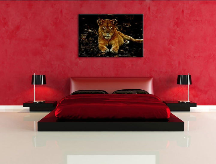 Dark Löwin ruht auf Boden Deluxe Format: 100x70 cm auf Leinwand, XXL riesige Bilder fertig gerahmt m