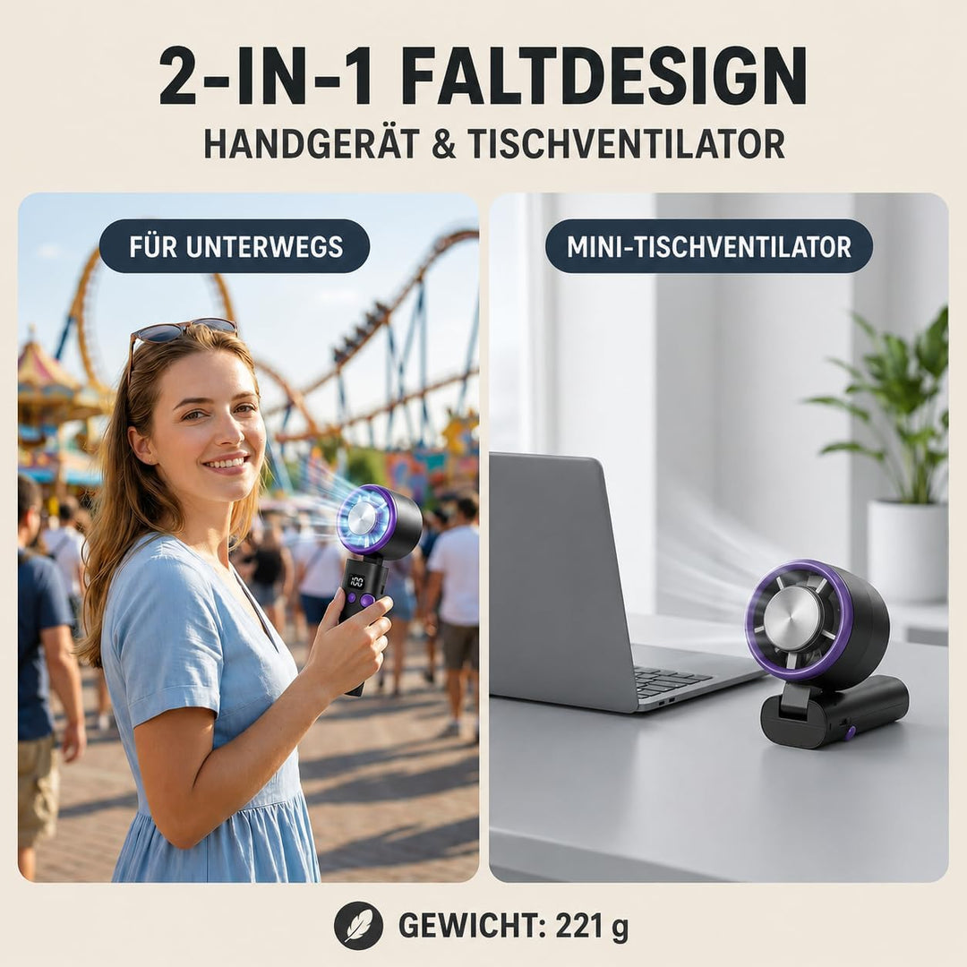 Handventilator mit Kuehlung, Mini Ventilator Akku Aufladbar mit 100-Speed Turbo Wind &amp; LED Display,