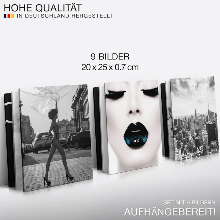 Novart Wandbilder Fashion - KOMPLETT AUFHÄNGFERTIG - Schwarz Weiss Wohnzimmer Mädchen Teenager- 9 Mo