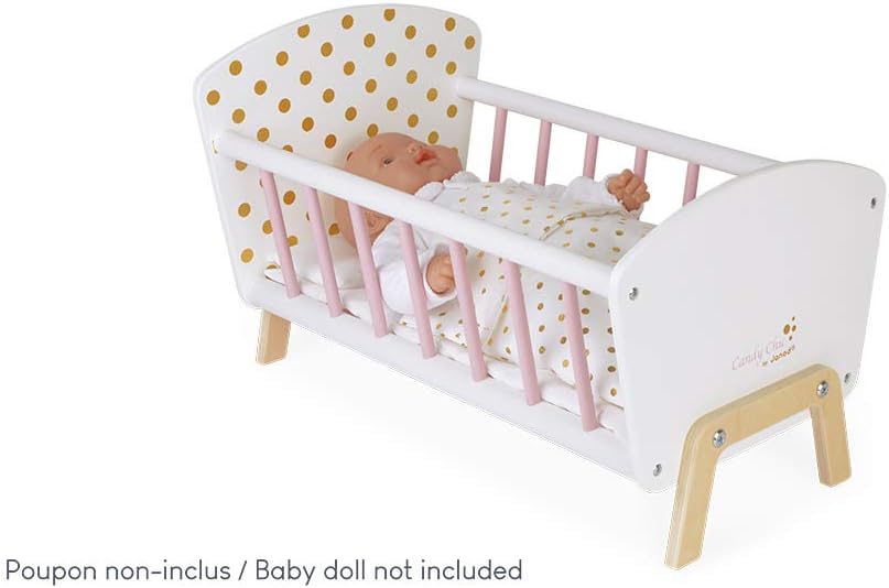 Janod - Puppenbett ‘Candy Chic’ aus Holz mit Matratze + Decke + Kissen - Zarte Glitzernde Farben - K