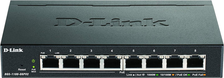 D-Link DGS-1100-08PV2/E, 8-Port Layer 2 Gigabit PoE Smart Switch (8 x 10/100/1000 Mbit/s BaseT PoE P