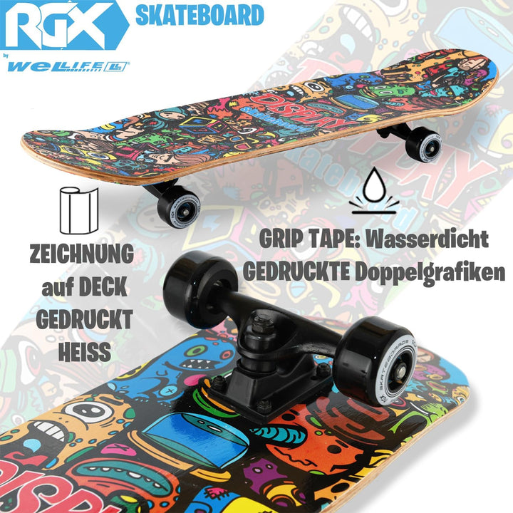 WeLLIFE - RGX Skateboard Skateboard (31"x8") 79x20cm aus 9 Schichten Ahorn Design konkave PU Rad 54*