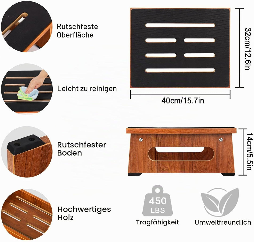 EIN hölzerner Tritthocker 14cm für Erwachsene und Senioren mit Rutschfester Gummiauflage, für drinne