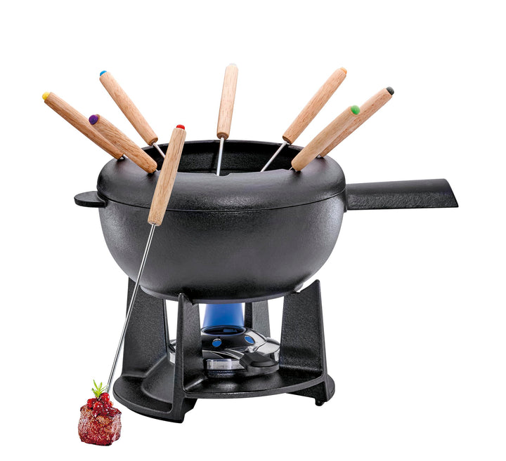 Spring Gusseisen Fondue Set schwarz | Ø 20 cm | mit 8 Fonduegabeln und Spritzschutz | für Käsefondue