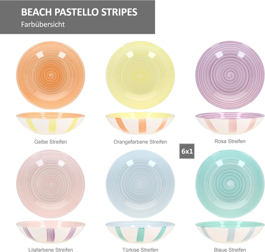 MamboCat Beach Pastello Stripes 6er Set Suppenteller I 600ml I Steingut-Teller mit Pastell Streifen