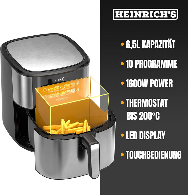 HEINRICHS Heissluftfritteuse, 6,5 Liter XXL Air Fryer, 10in1 Airfritteuse, LED-Color-Display mit Sen
