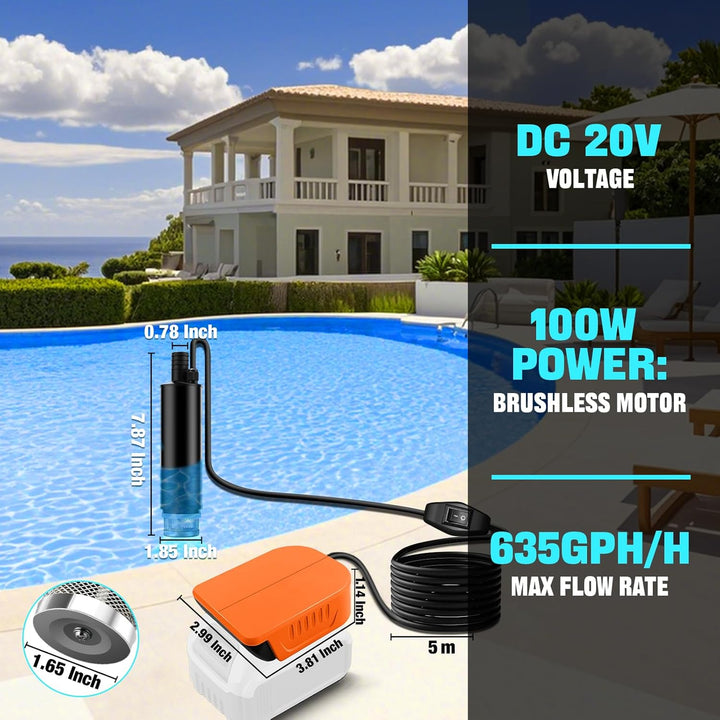 Wasserpumpe für Dewalt 18V Akku, 500GPH Tauchpumpe Schmutzwasserpumpe Saugpumpe Absaugpumpe Flachwas