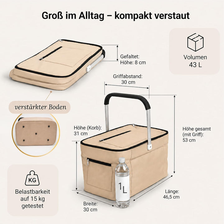 43L Einkaufskorb faltbar mit Deckel, gross & stabil, auch als Muttikorb nutzbar, isolierter Kühlkorb