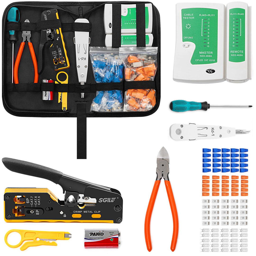 SGILE Crimpwerkzeug-Set RJ45, Werkzeug Paket für Cat5 Cat6 Cat7, Durchgangs-Abisolier und Schneidwer