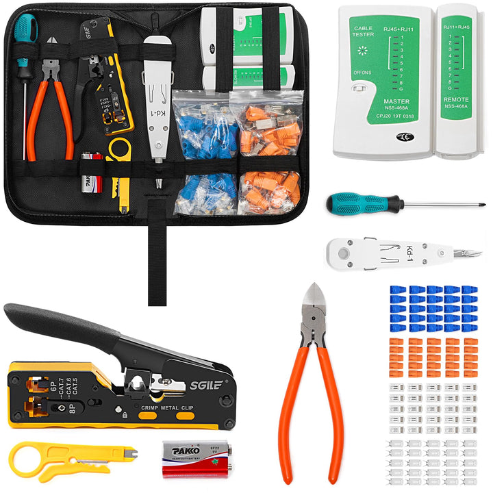 SGILE Crimpwerkzeug-Set RJ45, Werkzeug Paket für Cat5 Cat6 Cat7, Durchgangs-Abisolier und Schneidwer