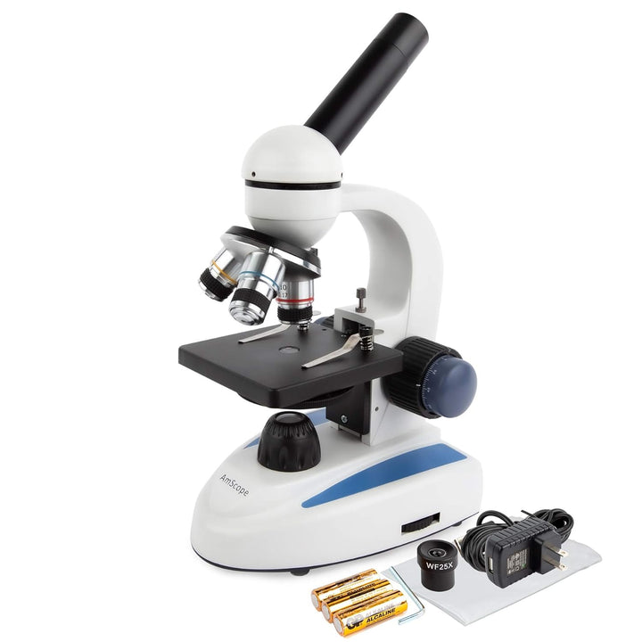 AmScope M158C Schnurloses LED-Studenten Mikroskop mit Metallrahmen, Glaslinsen und Grob- und Feinfok
