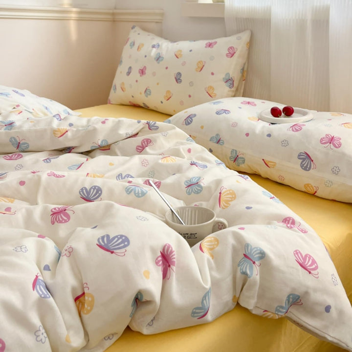 Freyamy Kinder Bettwäsche 100x135cm 2teilig Beige Bunt Schmetterling Mädchen Bettwaren-Sets Schmette